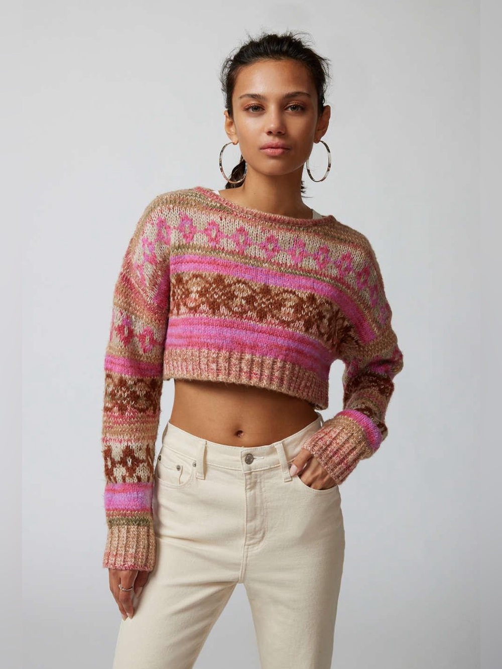 Urban Outfitters Pink & Brown Cropped Fair Isle Sweater